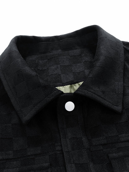 Checkerboard Print Faux Suede Pocket Jacket