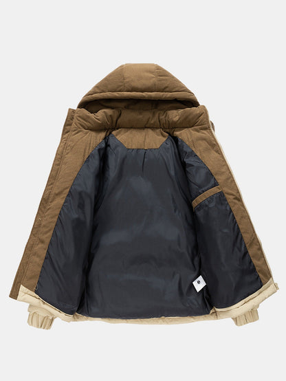 Corduroy Patchwork Hooded Puffer Jacket