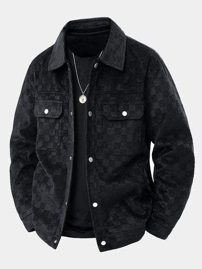 Checkerboard Print Faux Suede Pocket Jacket