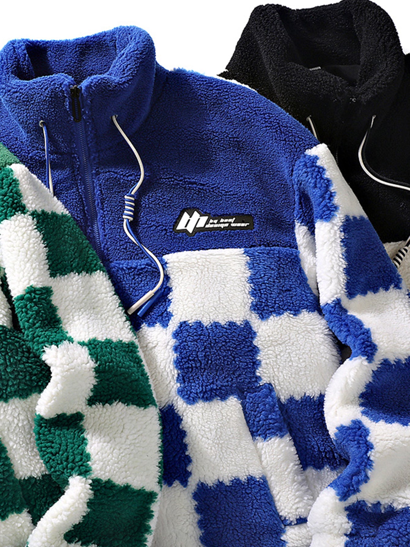 Teddy Fleece Checkerboard Stand Collar Jacket