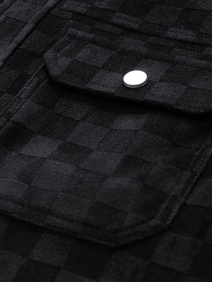 Checkerboard Print Faux Suede Pocket Jacket
