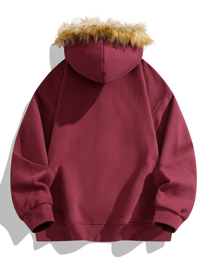 Relax Fit Faux Fur Collar Zip-Up Hoodie