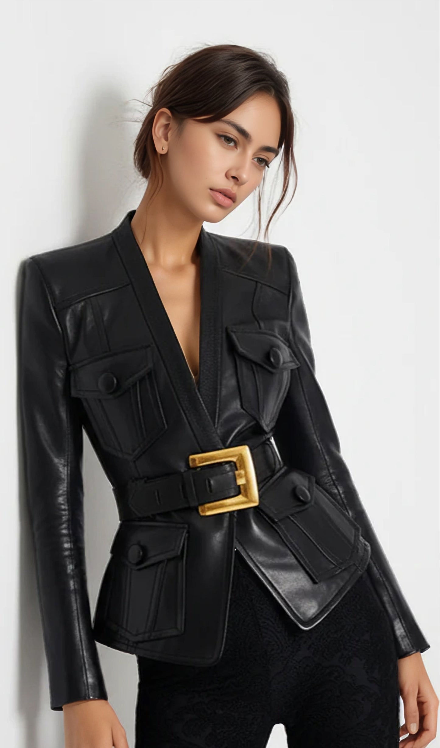 Button Belted Leather Jacket