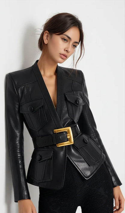 Button Belted Leather Jacket