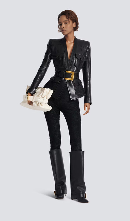 Button Belted Leather Jacket