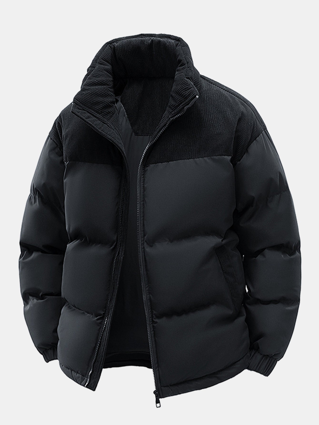 Corduroy Patchwork Hooded Puffer Jacket