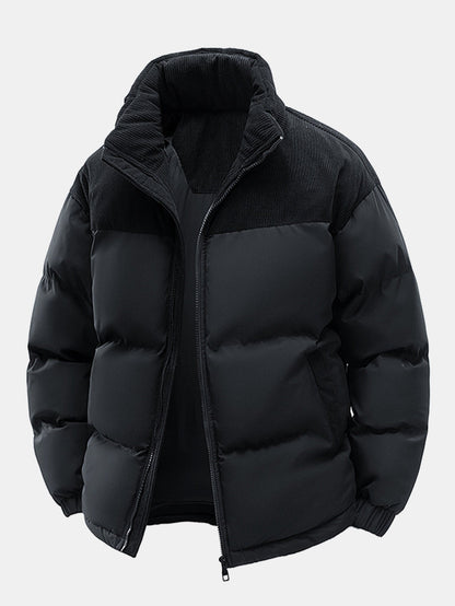 Corduroy Patchwork Hooded Puffer Jacket