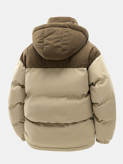 Corduroy Patchwork Hooded Puffer Jacket
