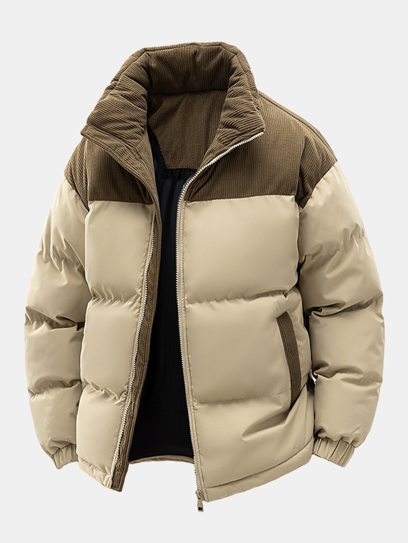 Corduroy Patchwork Hooded Puffer Jacket