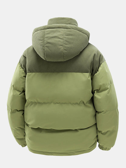 Corduroy Patchwork Hooded Puffer Jacket