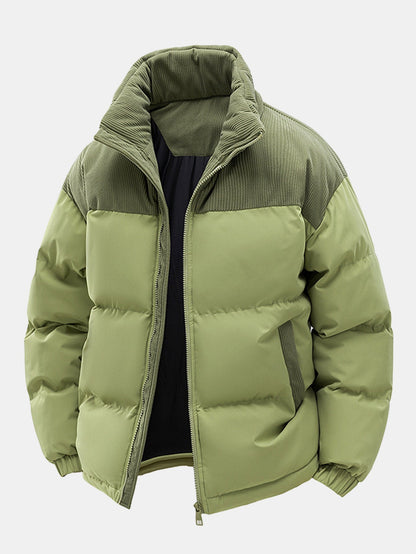 Corduroy Patchwork Hooded Puffer Jacket