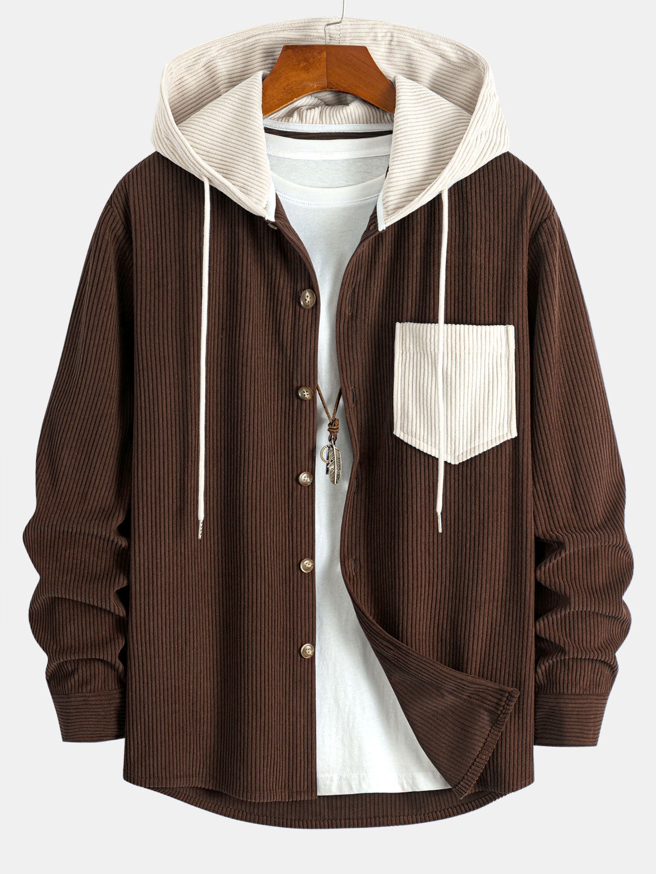 Long Sleeved Contrast Corduroy Hooded Shirt