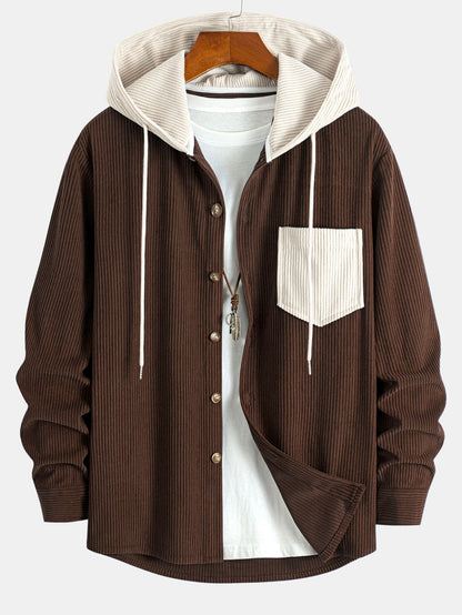 Long Sleeved Contrast Corduroy Hooded Shirt