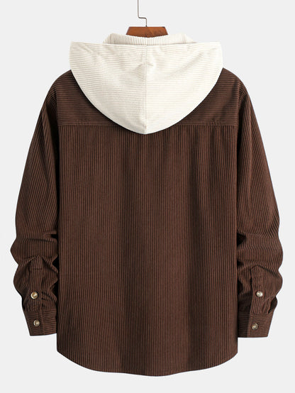 Long Sleeved Contrast Corduroy Hooded Shirt