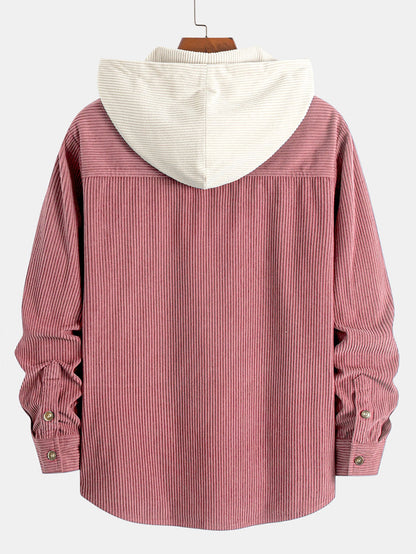 Long Sleeved Contrast Corduroy Hooded Shirt & Straight Leg Corduroy Pants
