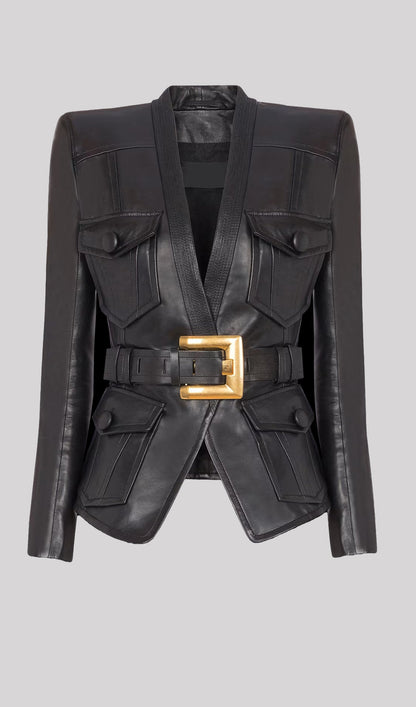 Button Belted Leather Jacket