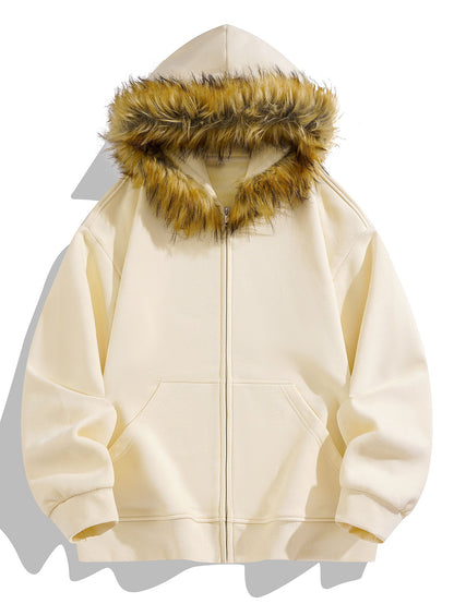 Relax Fit Faux Fur Collar Zip-Up Hoodie
