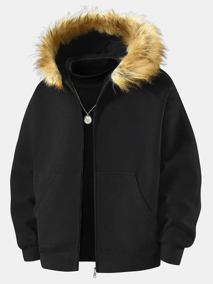 Relax Fit Faux Fur Collar Zip-Up Hoodie