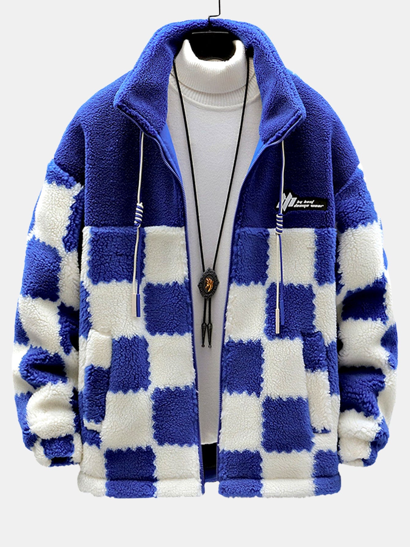 Teddy Fleece Checkerboard Stand Collar Jacket