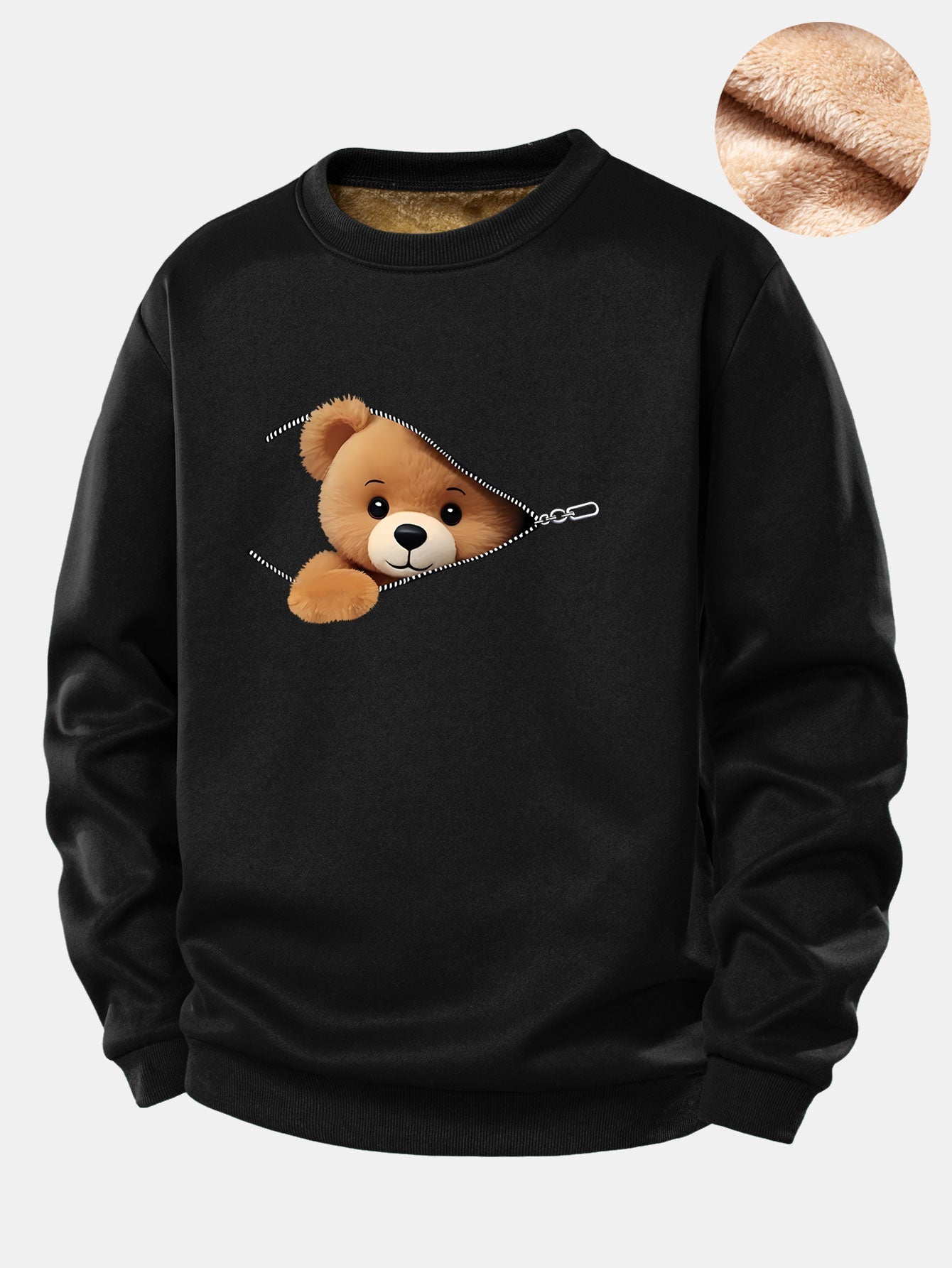 Zipper Bear Print Teddy Fleece Lined Sweatshirt