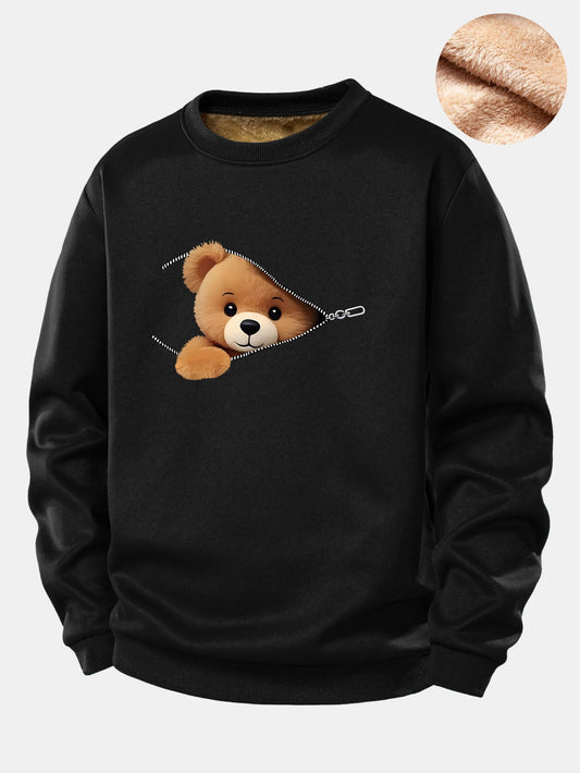 Zipper Bear Print Teddy Fleece Lined Sweatshirt