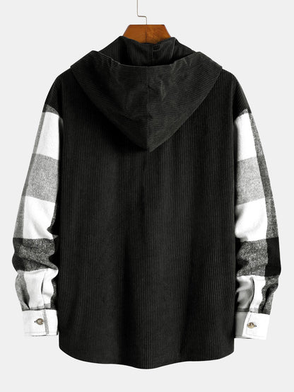 Relax Fit Flannel Plaid Corduroy Patchwork Hooded Shirt