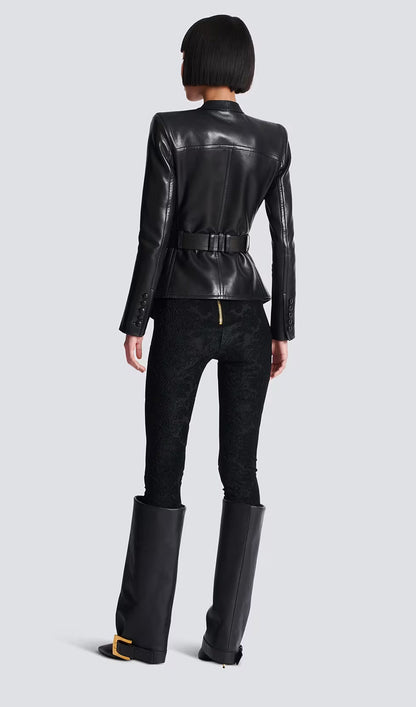 Button Belted Leather Jacket