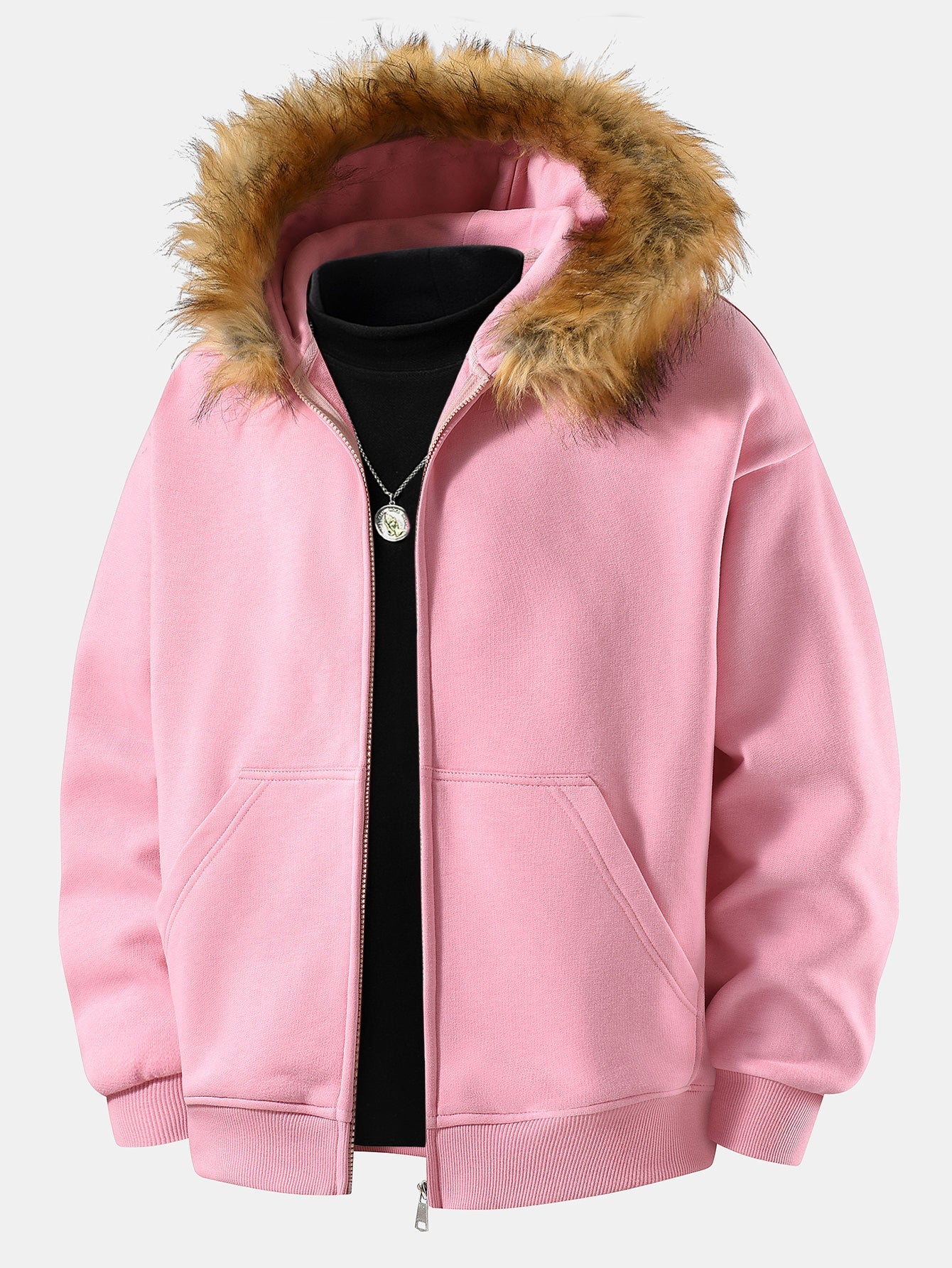 Relax Fit Faux Fur Collar Zip-Up Hoodie
