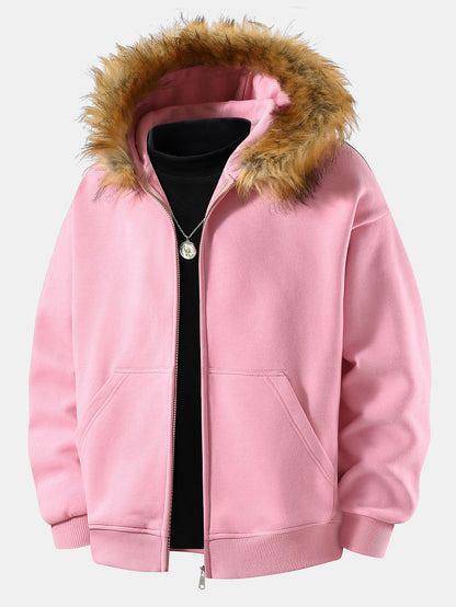 Relax Fit Faux Fur Collar Zip-Up Hoodie