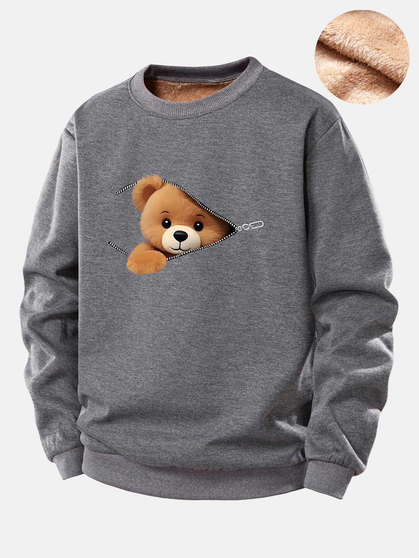 Zipper Bear Print Teddy Fleece Lined Sweatshirt