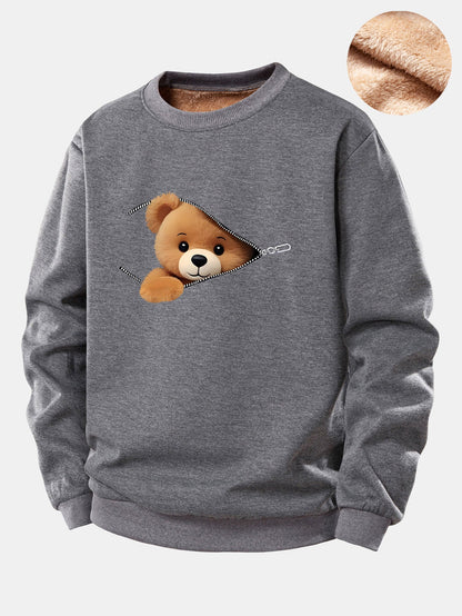 Zipper Bear Print Teddy Fleece Lined Sweatshirt