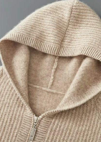 PURE EXTRA-FINE MERINO WOOL RIBBED ZIPPER HOODIE