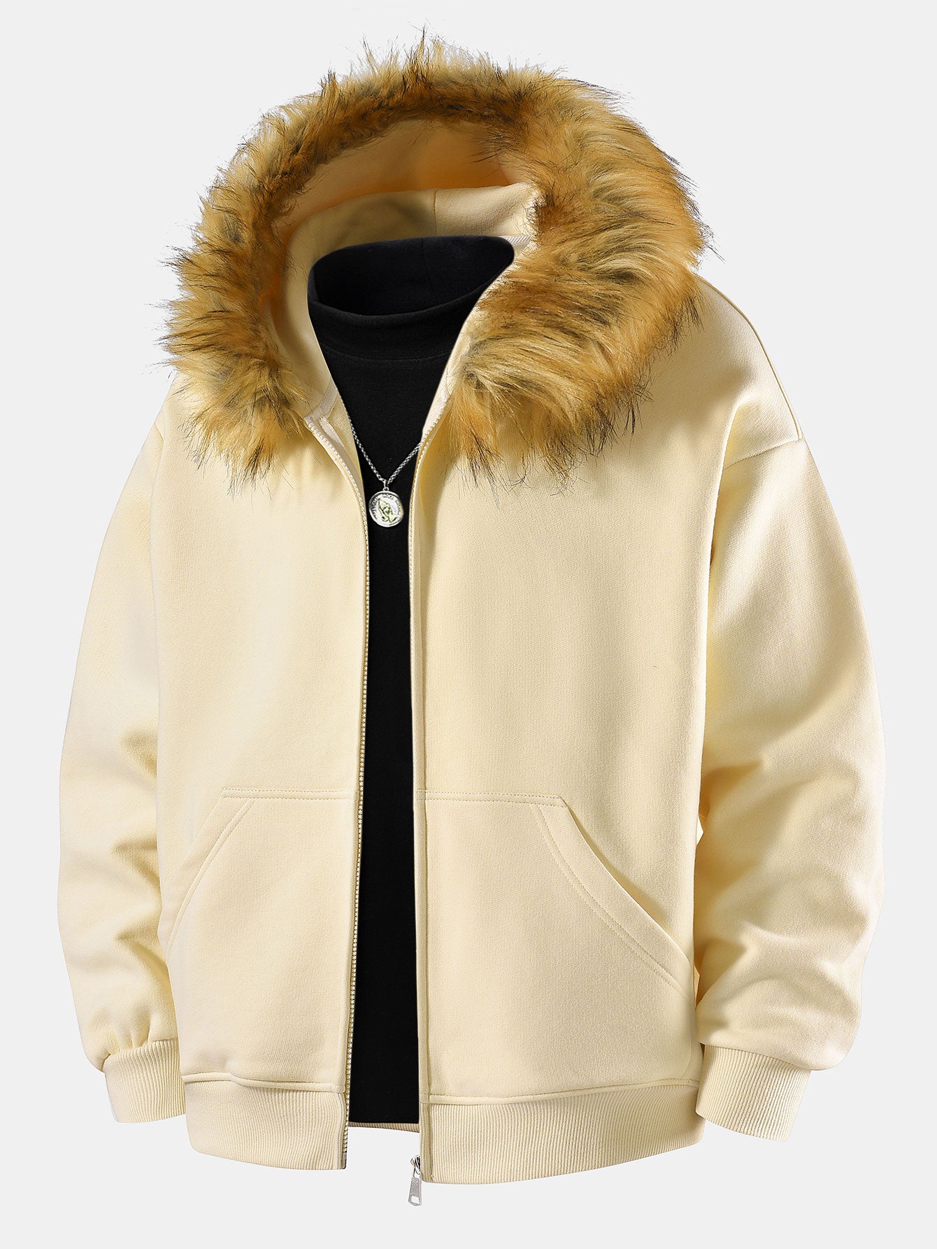 Relax Fit Faux Fur Collar Zip-Up Hoodie