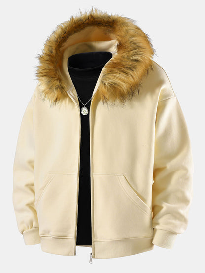 Relax Fit Faux Fur Collar Zip-Up Hoodie
