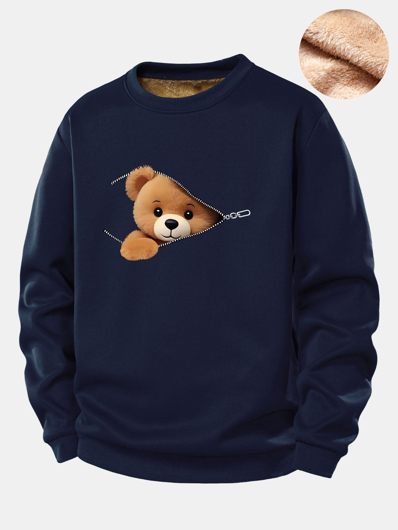 Zipper Bear Print Teddy Fleece Lined Sweatshirt