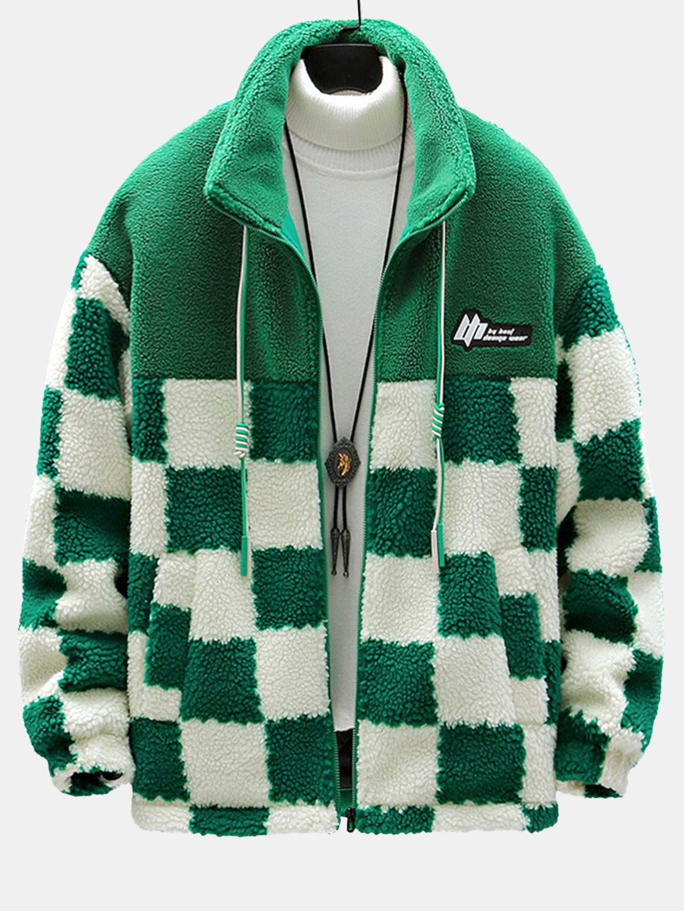 Teddy Fleece Checkerboard Stand Collar Jacket