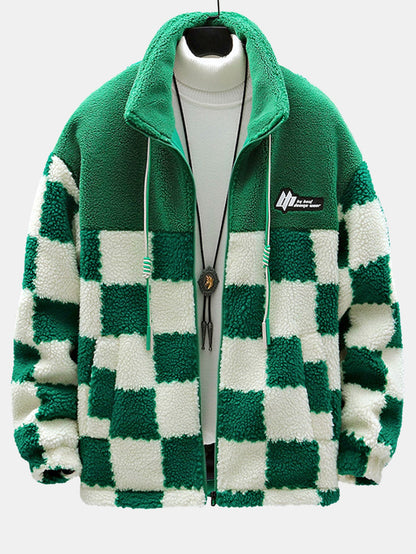 Teddy Fleece Checkerboard Stand Collar Jacket