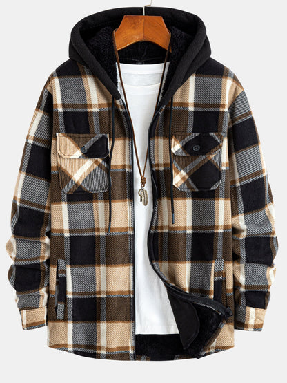 Flannel Fleece Lined Zip Up Hooded Shirt