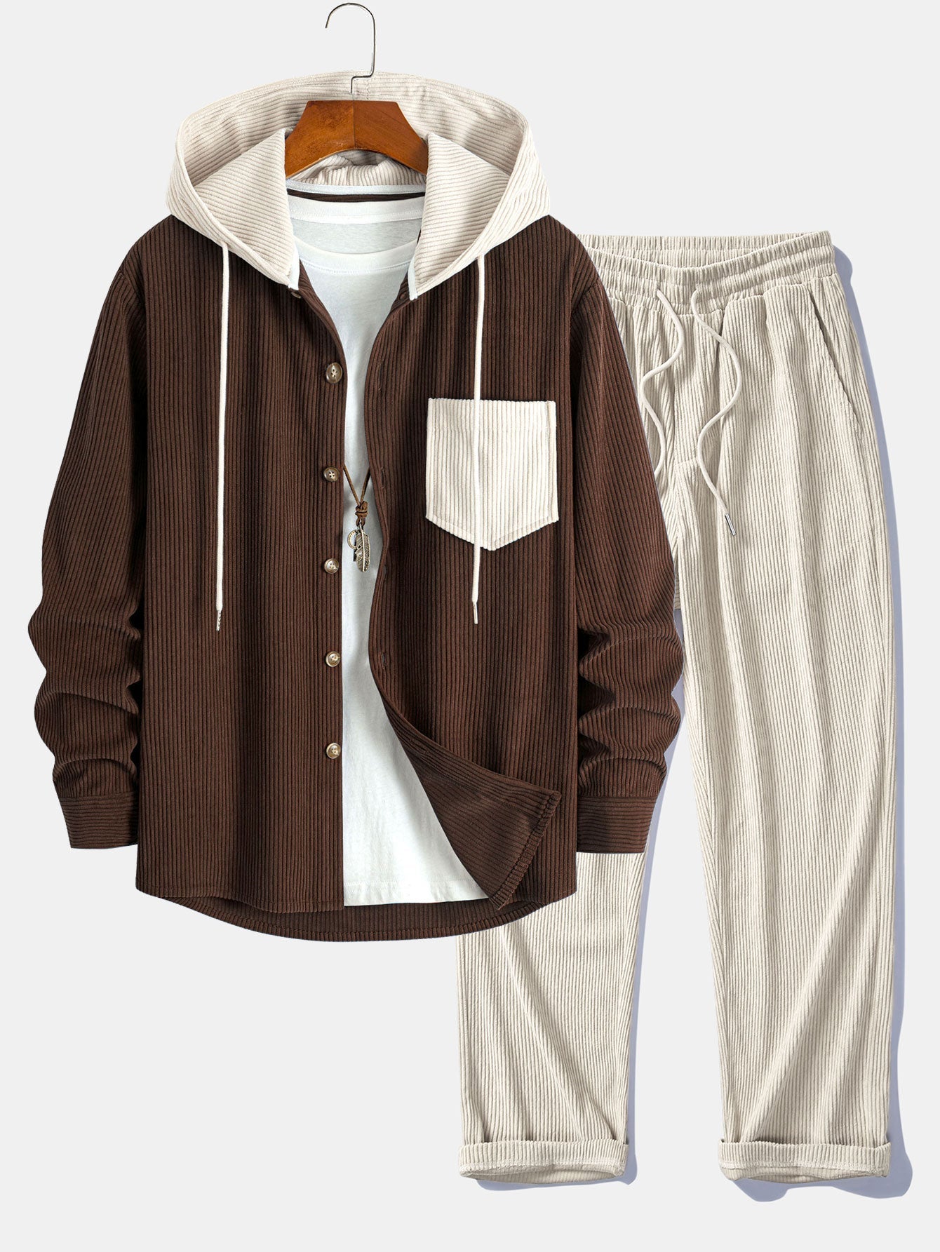 Long Sleeved Contrast Corduroy Hooded Shirt & Straight Leg Corduroy Pants