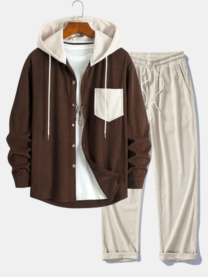 Long Sleeved Contrast Corduroy Hooded Shirt & Straight Leg Corduroy Pants