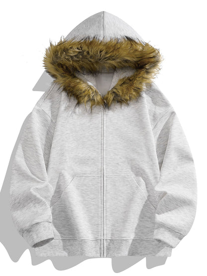 Relax Fit Faux Fur Collar Zip-Up Hoodie