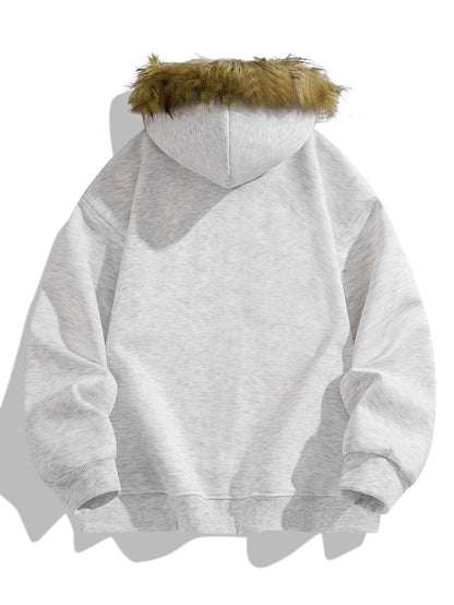 Relax Fit Faux Fur Collar Zip-Up Hoodie