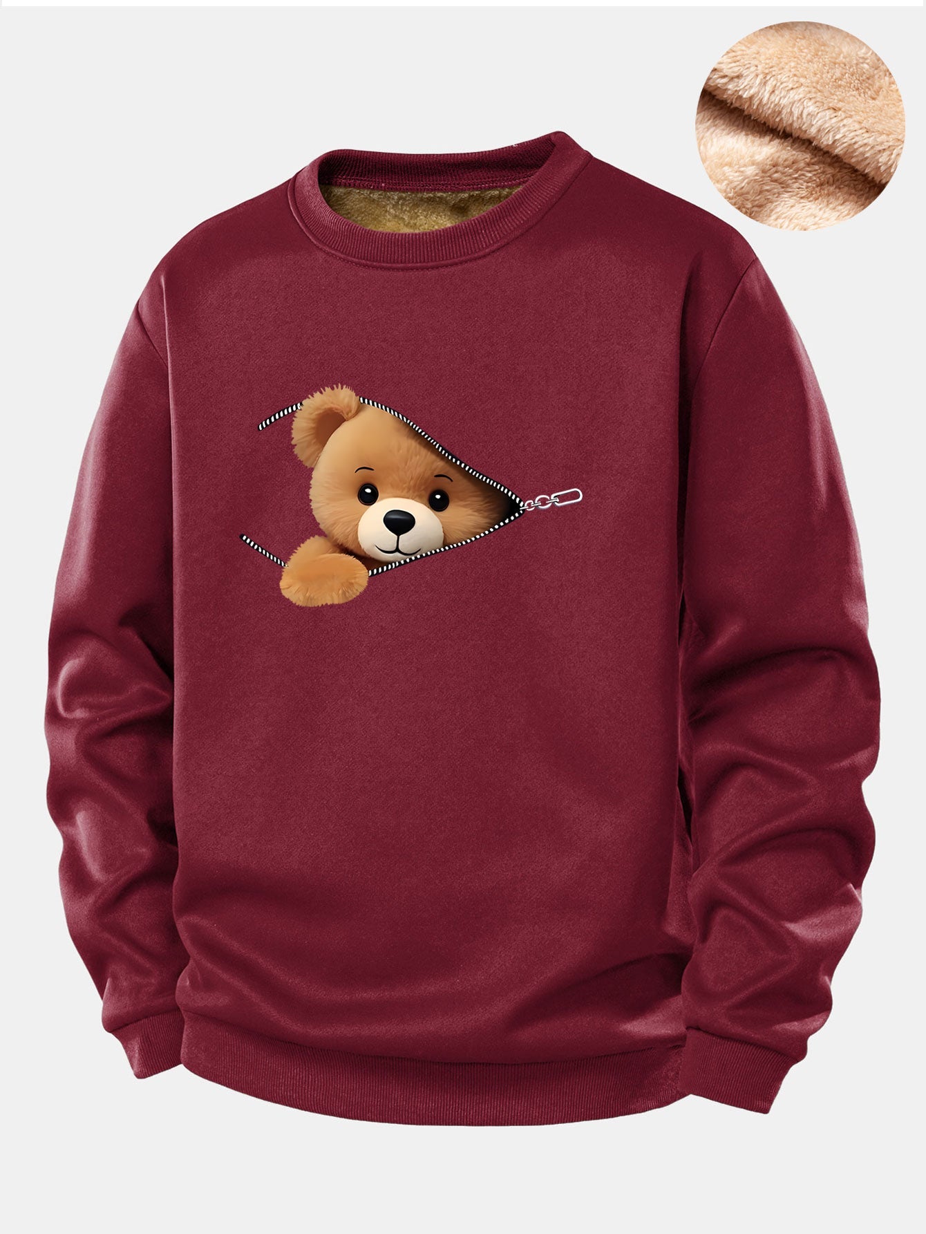 Zipper Bear Print Teddy Fleece Lined Sweatshirt