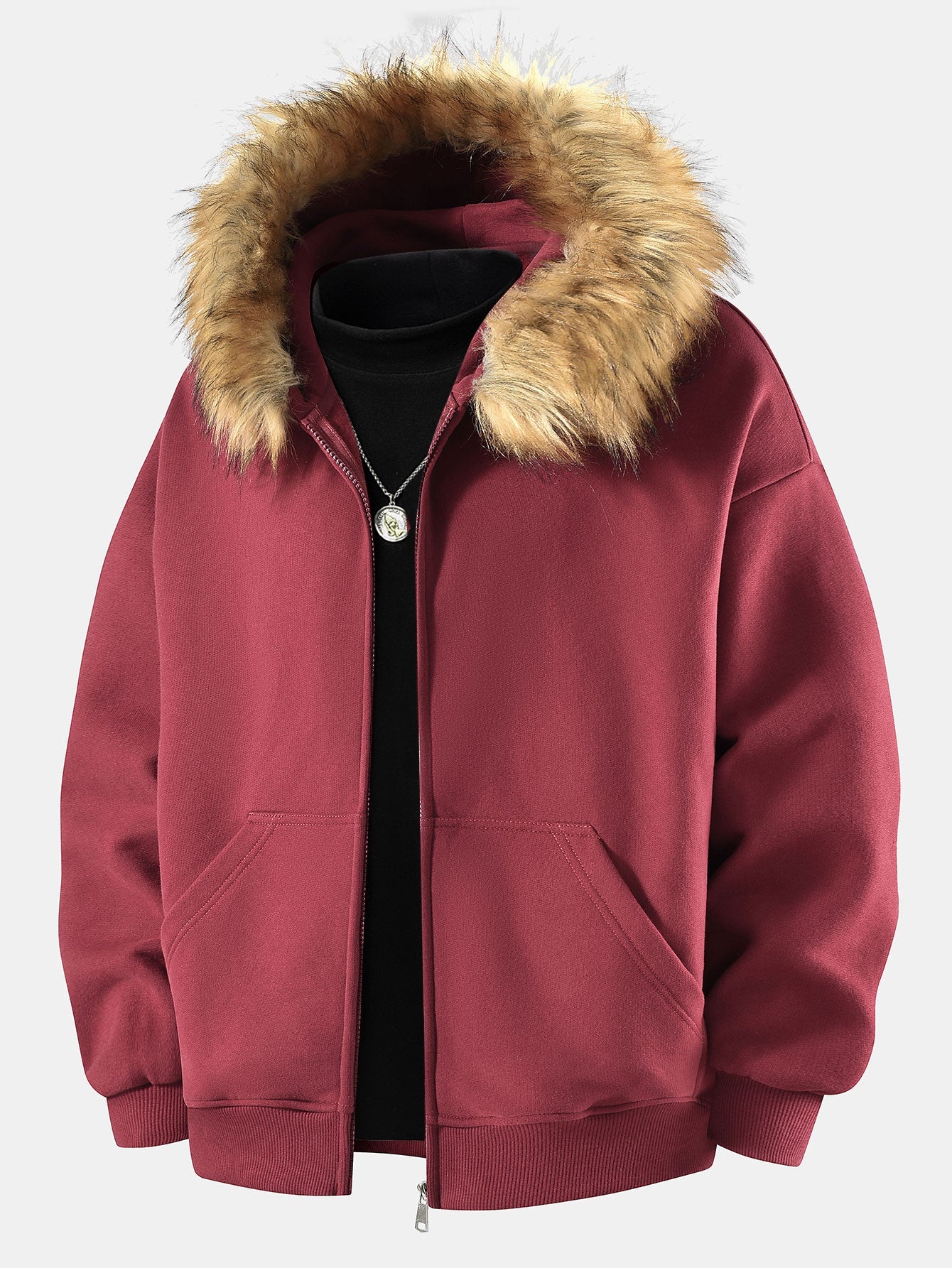 Relax Fit Faux Fur Collar Zip-Up Hoodie