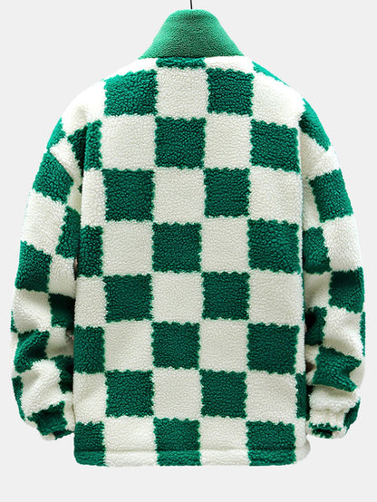 Teddy Fleece Checkerboard Stand Collar Jacket