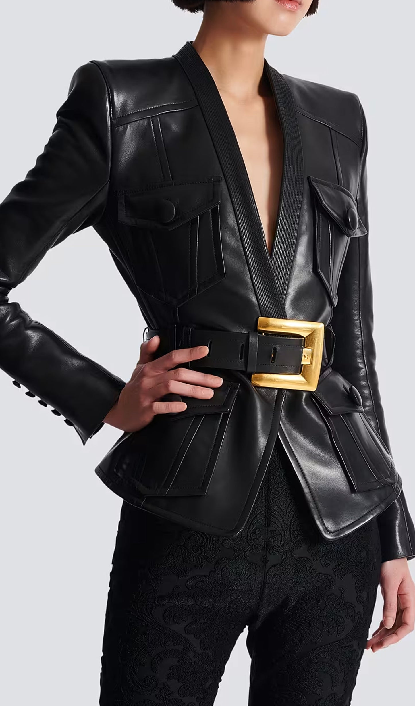 Button Belted Leather Jacket
