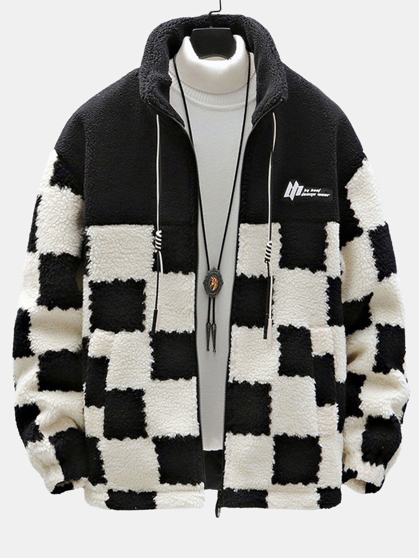 Teddy Fleece Checkerboard Stand Collar Jacket