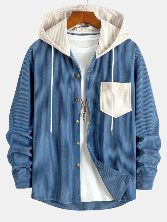 Long Sleeved Contrast Corduroy Hooded Shirt