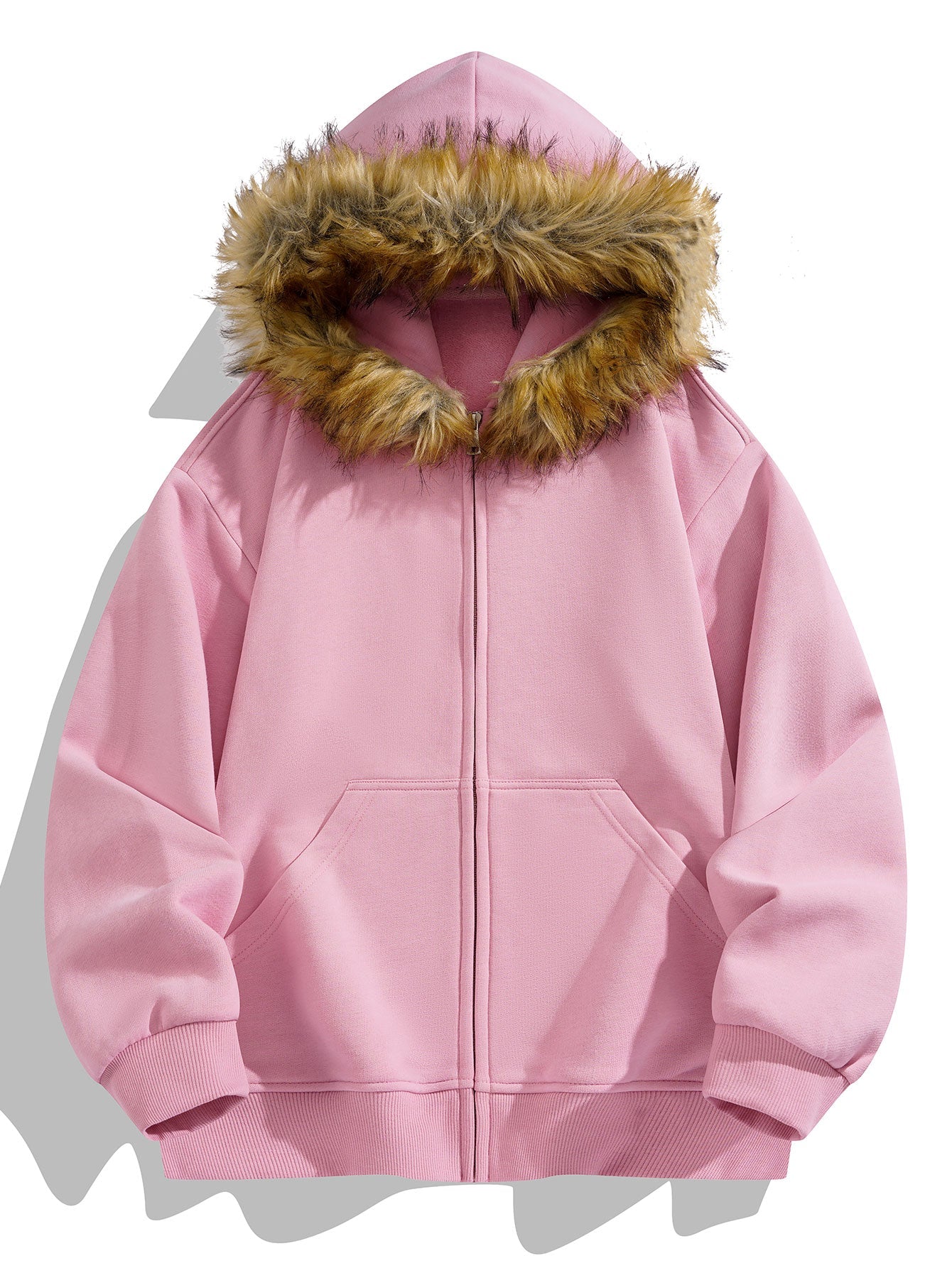 Relax Fit Faux Fur Collar Zip-Up Hoodie