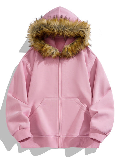 Relax Fit Faux Fur Collar Zip-Up Hoodie